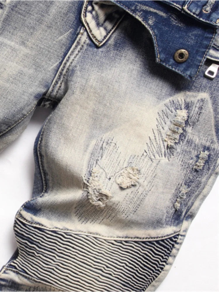 distressed washed pleated denim jean pants new fashion biker jeans streetwear casual slim pants jogger y2k mens skinny joggers urban active pants