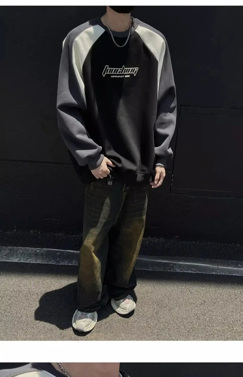 Trendy Personality Korean Motorcycle Style Round Neck Sweatshirt Men 2024 Spring Autumn Niche Contrasting Color Pullover Hot Top