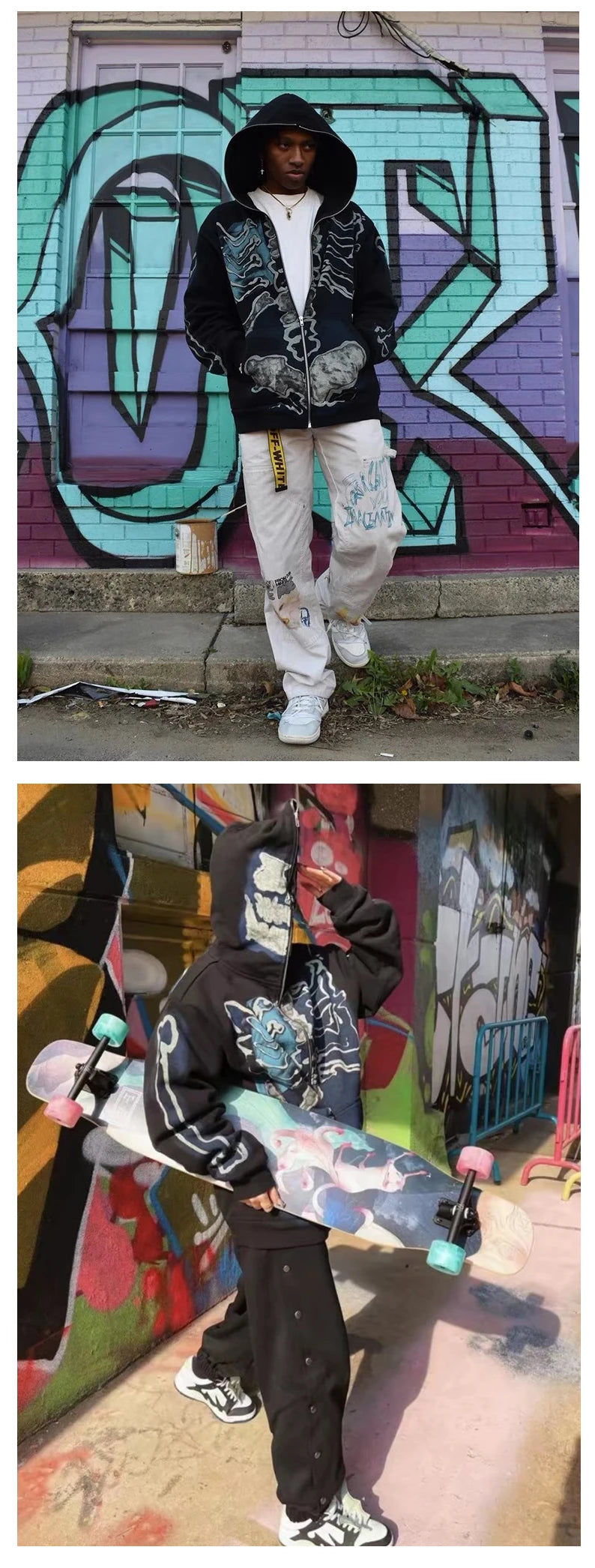 Harajuku crying character featuring cactus jack fashion skull skeleton hoodie zip up plush hoodie cardigan kanye oversized zipper hoodies y2k men black clothes