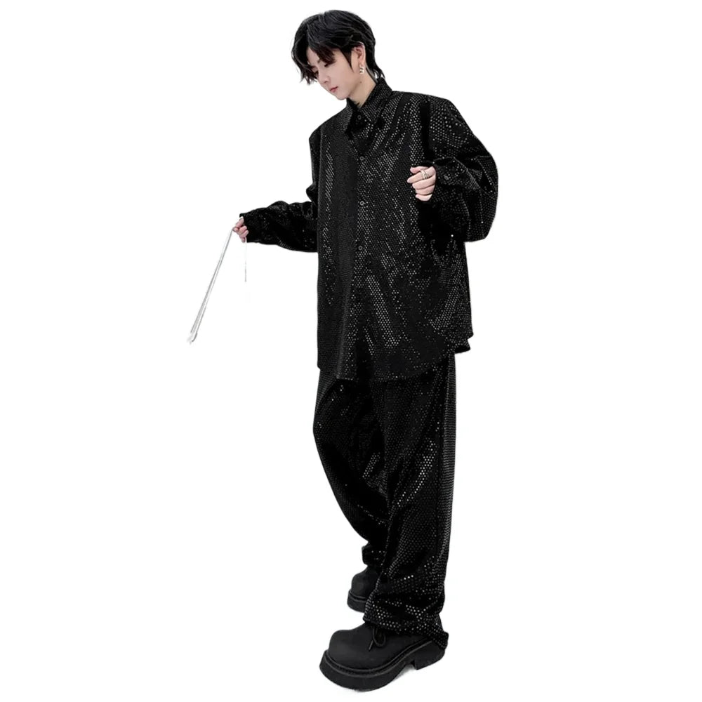 mens sequin 2 piece sets loose casual long sleeve shirt pant stage fashion party show clothing dress shirts trousers costumes urban fashion pants