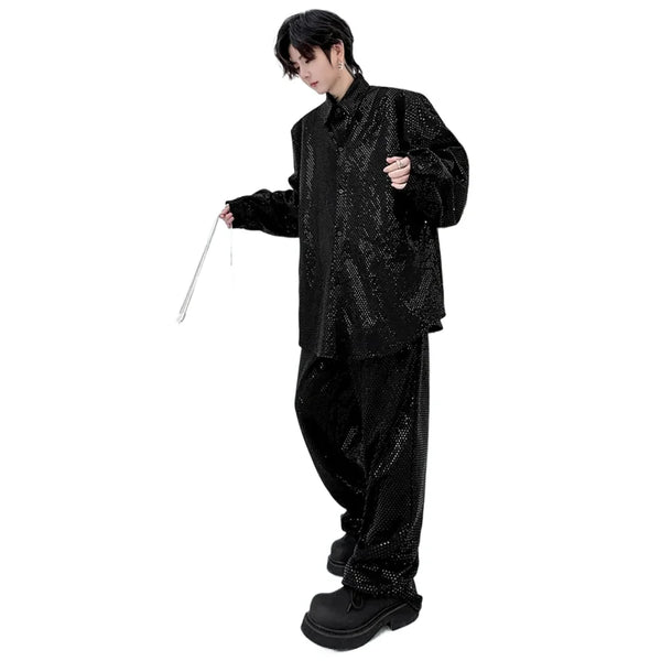mens sequin 2 piece sets loose casual long sleeve shirt pant stage fashion party show clothing dress shirts trousers costumes urban fashion pants
