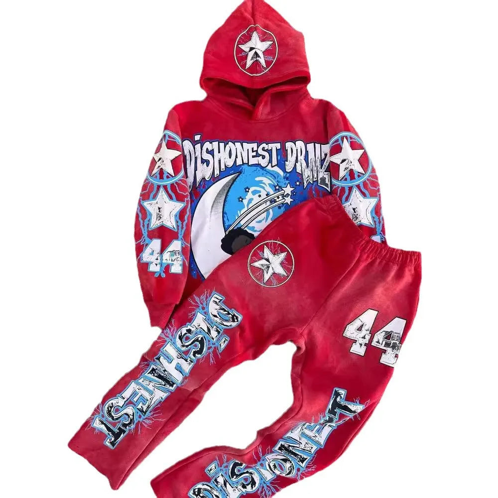 2024 y2k long sleeved foam printed pullover hoodie sweatshirt and pants two piece streetwear trendy wear dark vintage casual we clean everyday pants