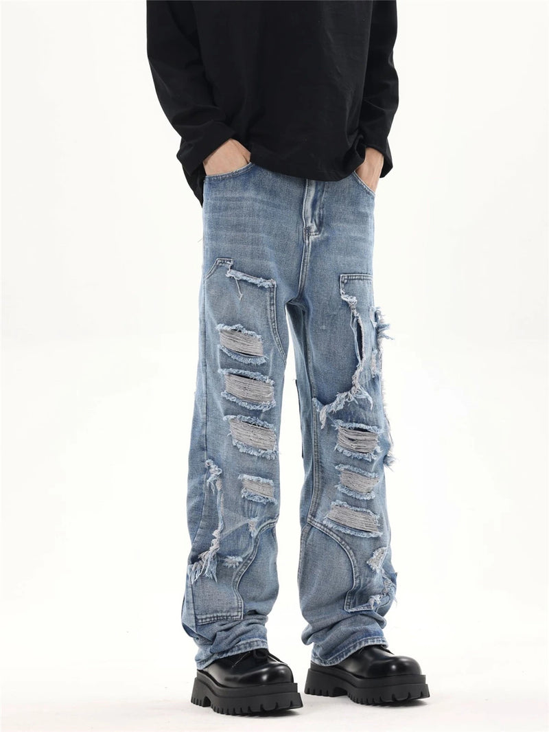 2024 ripped jeans high street straight trousers destroyed hole baggy denim pants vintage retro hip hop unique jeans style 399