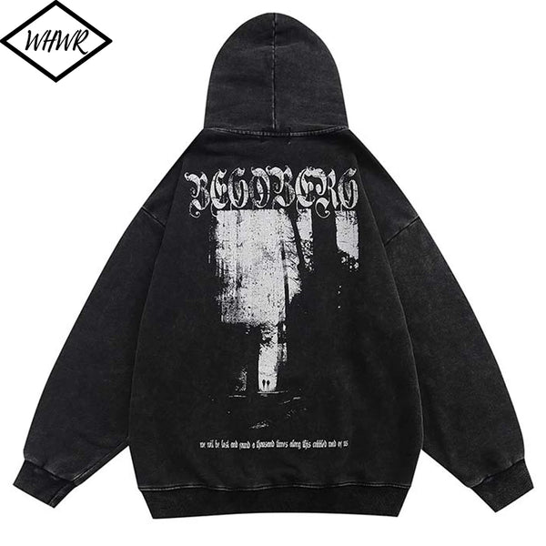 Winter Washed Cotton Hoodies Gothic Letter Print Hooded Vintage Landsc