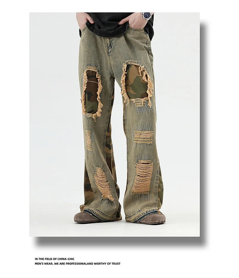 hip hop camouflage ripped patchwork denim pants for men y2k vintage streetwear wide leg jean 2025 new distressed baggy jeans unique jeans style 324