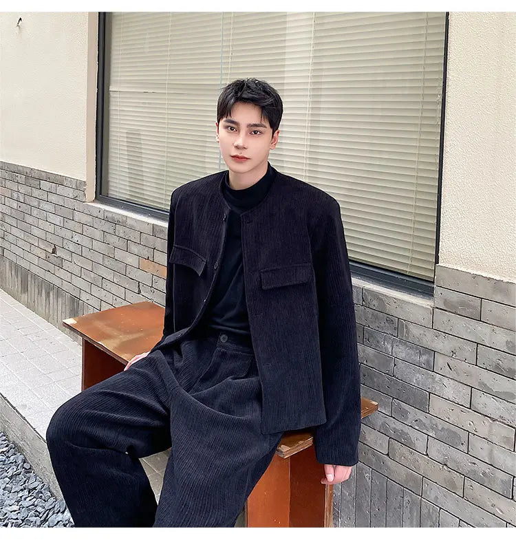 men 2 pieces sets corduroy short jacket wide leg pant suits korean streetwear fashion loose casual retro coat baggy trousers unique shorts style 2816