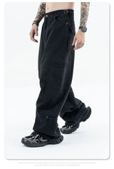 Washed and worn multi-pocket cargo jeans