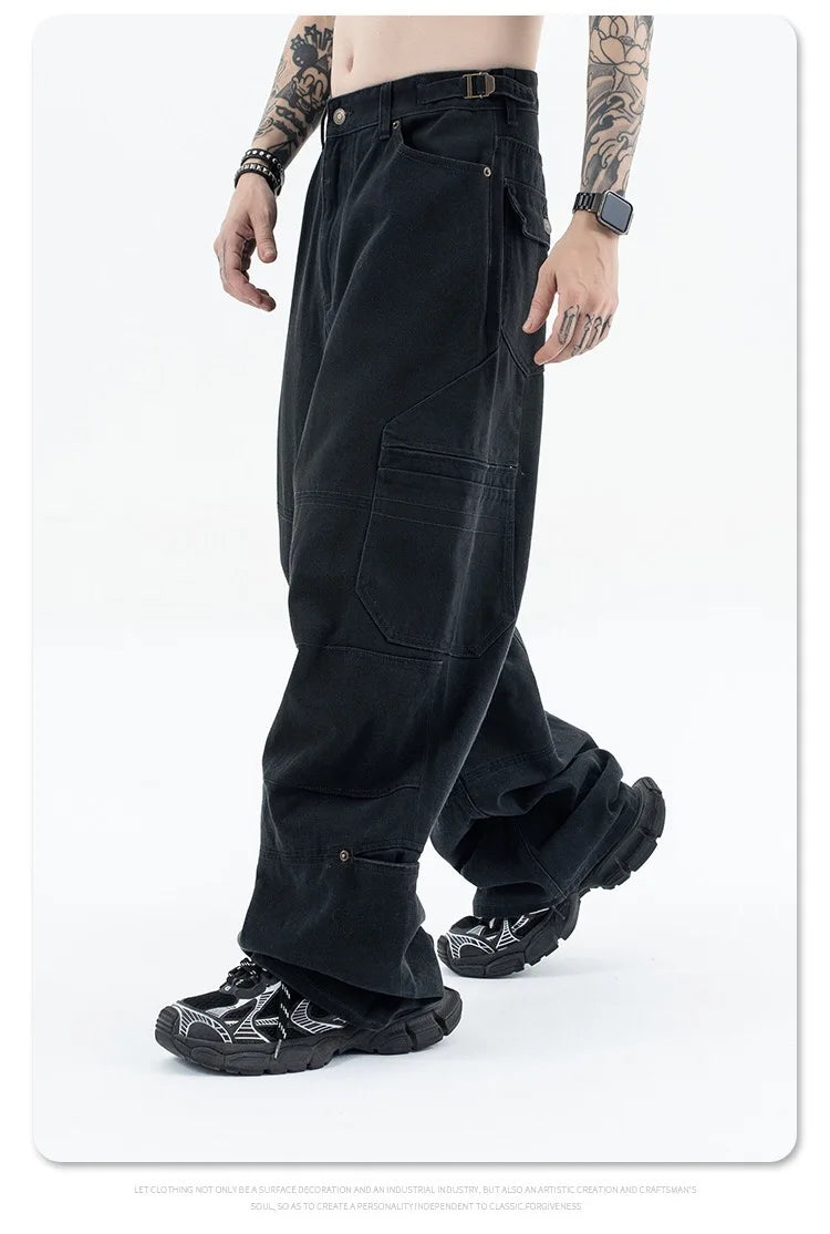 Washed and worn multi-pocket cargo jeans