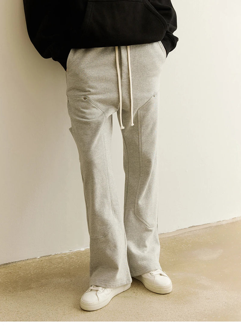 american streetwear gray flared sweatpant men double knee patch micro flare overalls harajuku casual patchwork sweat pants black unique joggers style 2951