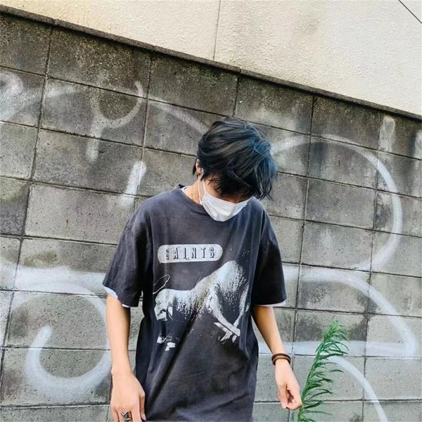 Trapwear Oversized shirt – 2024 Summer Vintage Fashion Charcoal Black Split Print Sheep