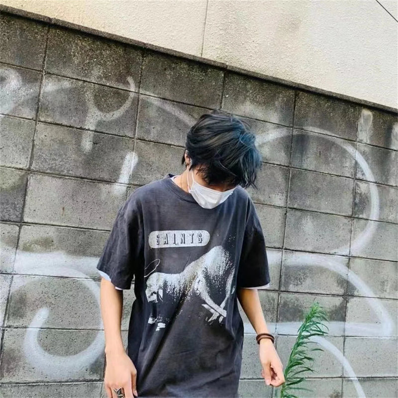 Trapwear Oversized shirt – 2024 Summer Vintage Fashion Charcoal Black Split Print Sheep