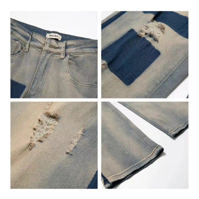 men and women trendy high street retro washed ripped color blocked jeans summer hip hop loose straight leg casual pants y2k unique jeans style 799