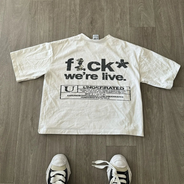 urban hip hop flame tee with chaotic text and manga distortion
