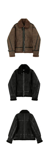 Winter Fur One-piece Cotton-padded Coat Men's Winter Korean-style Loose Suede Deer Leather Lambskin Motorcycle Leather Jacket