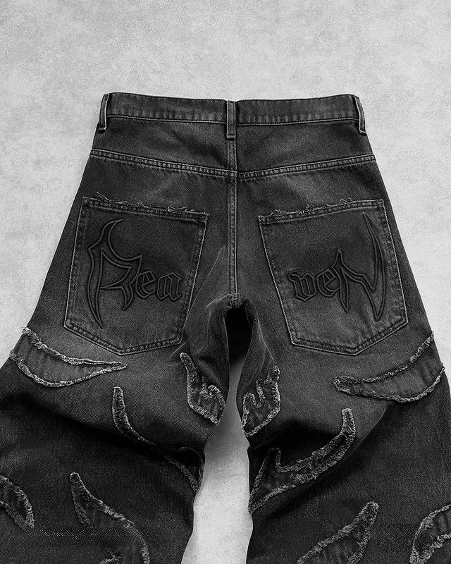 baggy jeans for men y2k hip hop distressed retro black pants oversized embroidery harajuku gothic wide leg trousers streetwear ripped baggy denim