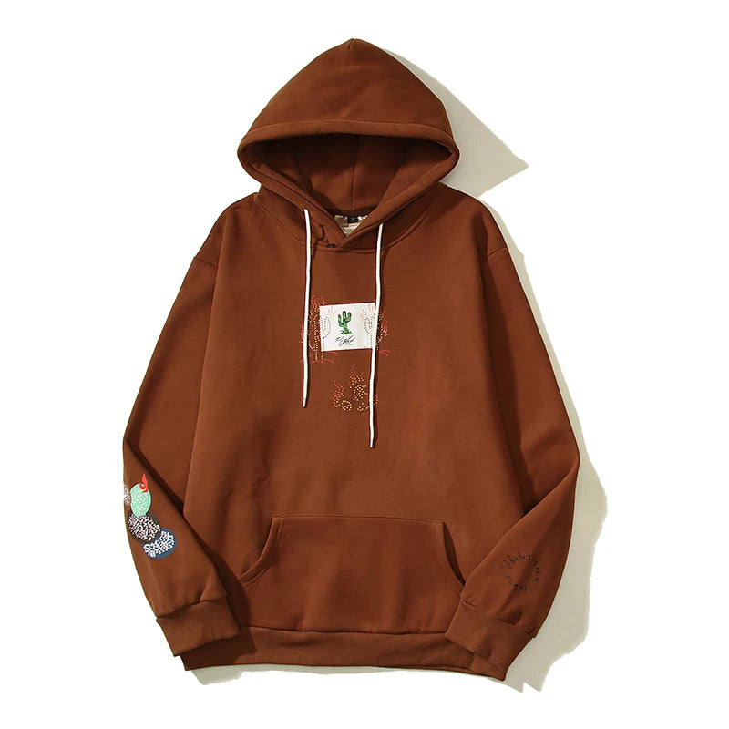 Cactus Jack Letter Brown Fleece Hooded Sweatshirts For Men High Street