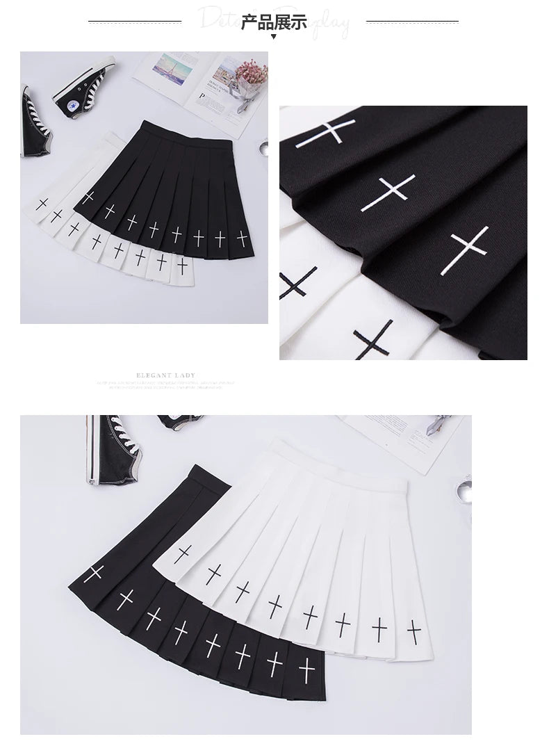 2024 Women Harajuku Sweet Fresh Feeling High Waist Pleated Skirt Elastic Waist Cross Embroidery Skirt black skirt Pleated Skirt