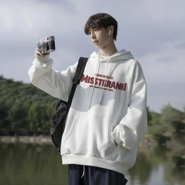 American Retro Casual Hoodies For Men Letter Printed Loose Fit Hooded