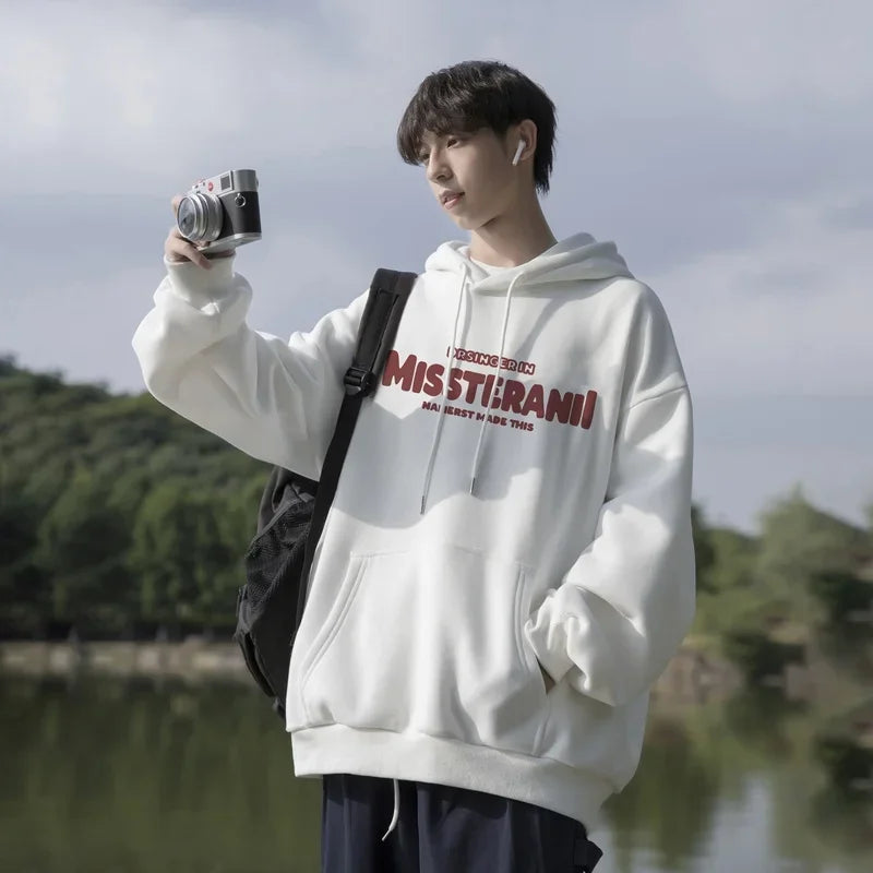 American Retro Casual Hoodies For Men Letter Printed Loose Fit Hooded
