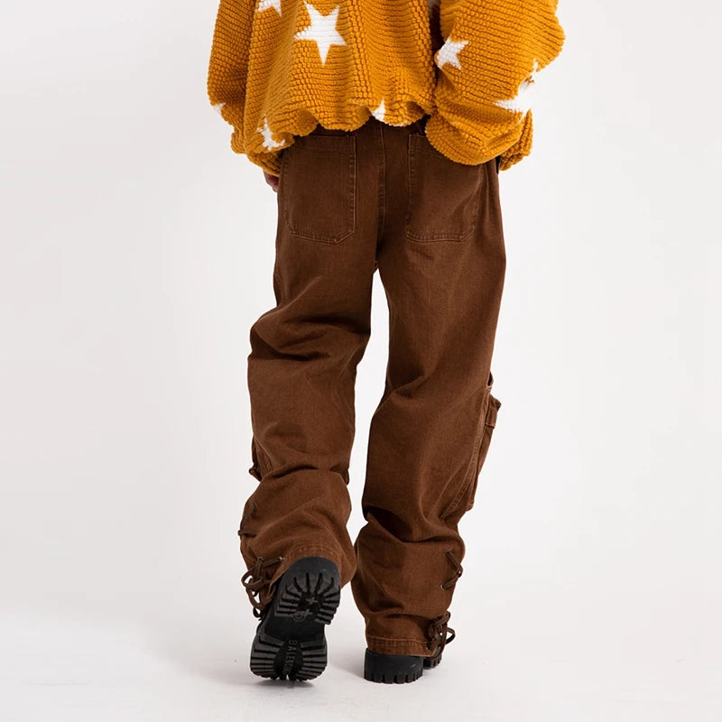 2023 cool design bandage pockets vintage brown baggy men cargo jeans pants y2k hip hop women cotton long trousers pantaloni uomo unique cargo style 1856