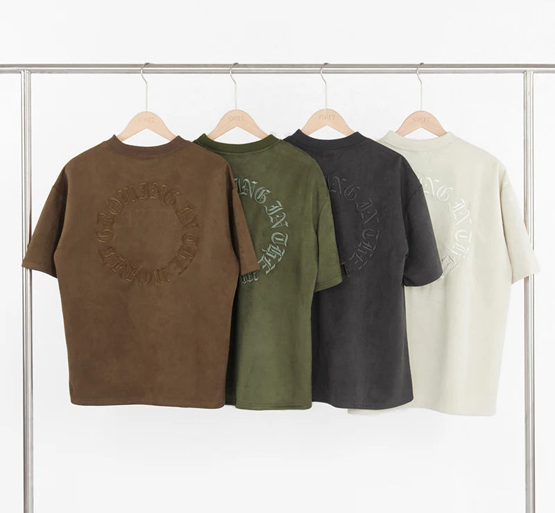 Original Letter Embroidery O Neck Suede Summer Short Sleeve Streetwear Casual Oversized Top