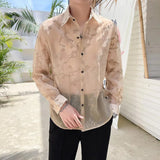 Mens Shirt Semi Transparent Exquisite Bamboo Plum Jacquard Embroidery Pattern Shirt Light Weight Sensual Long Sleeve Tops Summer