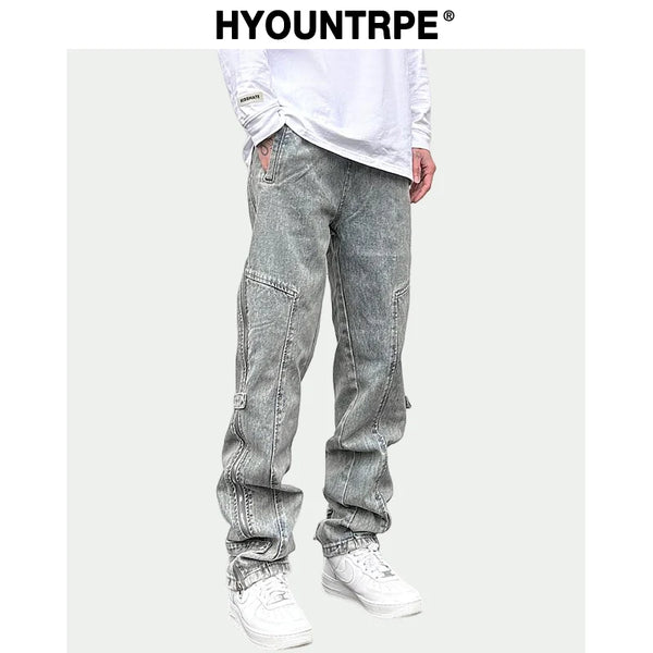 side long zipper open denim jeans mens elastic waist straight biker trousers jeans fashion streetwear hip hop jean pants joggers urban active pants