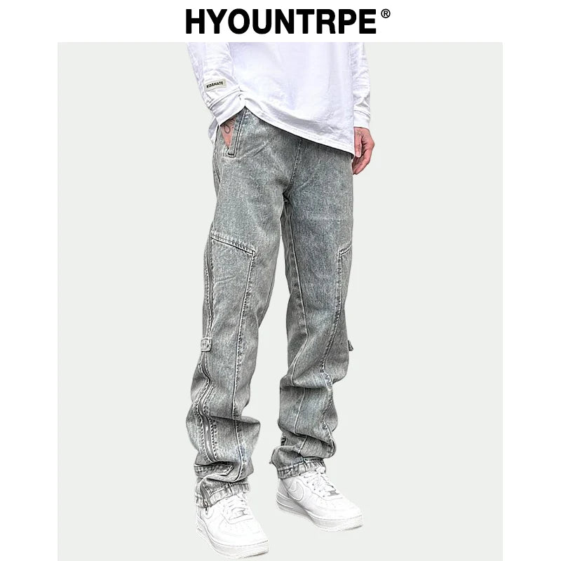 side long zipper open denim jeans mens elastic waist straight biker trousers jeans fashion streetwear hip hop jean pants joggers urban active pants