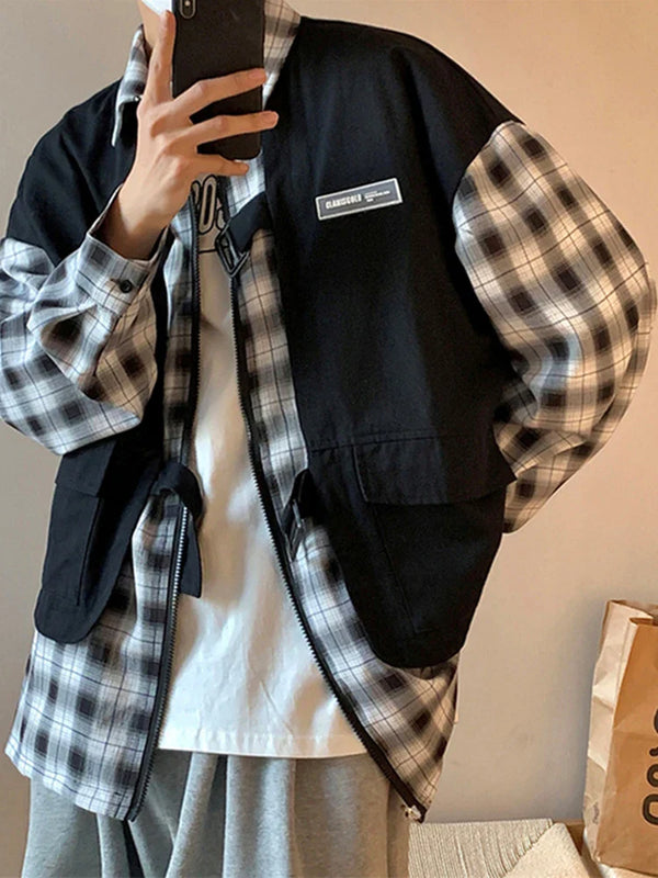 Harajuku Vintage anime – 2024 New Fake Two Piece Zip Plaid Cargo Shirts Mens Japanese