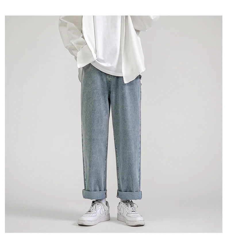 korean fashion mens baggy jeans classic all match solid color straight leg denim wide leg pants male light blue grey black unique jeans style 1132