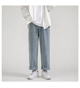 korean fashion mens baggy jeans classic all match solid color straight leg denim wide leg pants male light blue grey black unique jeans style 1132