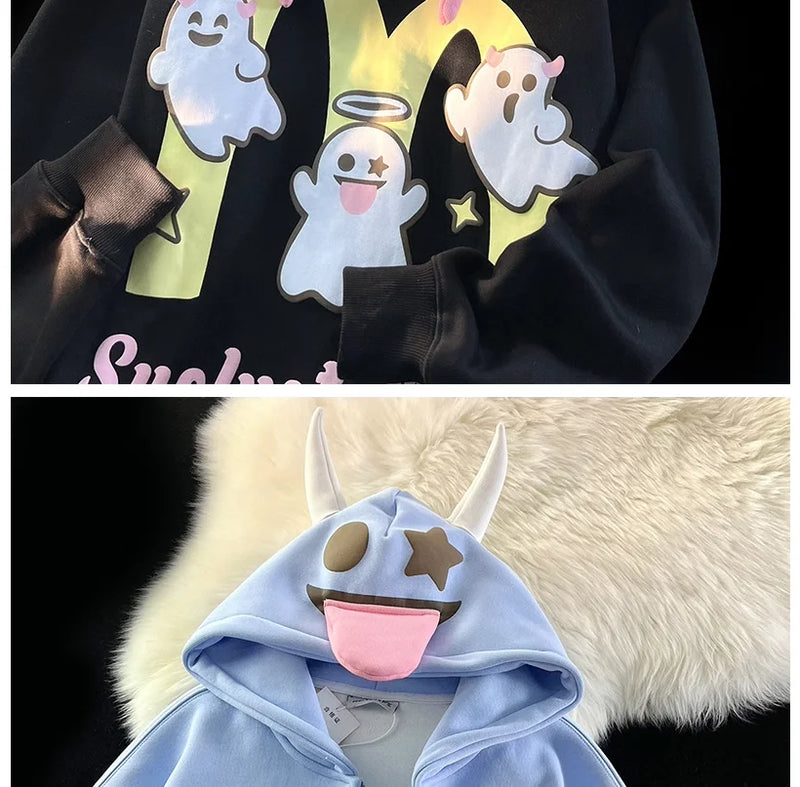 Japanese Devils Corner Hoodie Womens Couple Loose Gothic Winter Clothing Plush Hoodie Womens Zipper Hoodie  sweatshirt