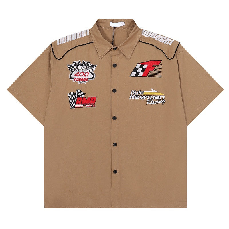 Fashion Mens Racing Embroidered Short Sleeves Shirt Casual Short Sleeve Hawaiian Shirt Hip Hop  Harajuku Streetwear Loose Shirts