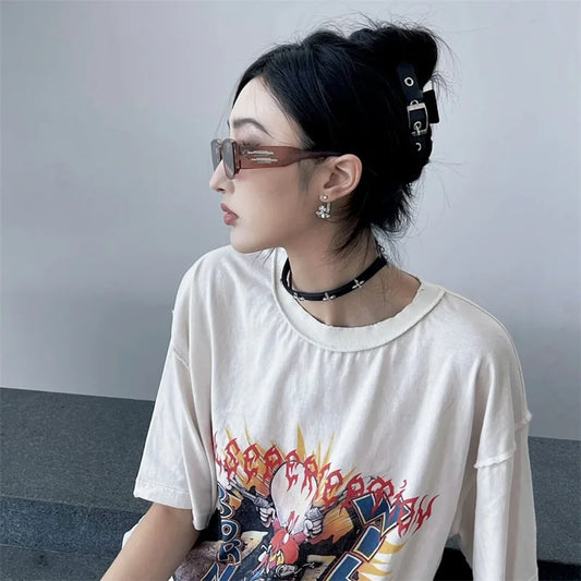 American Style Heavyweight Vintage T-shirts Oversize Short Sleeve Motorcycle Cartoon Print Explodes Muscle High Quality Tops