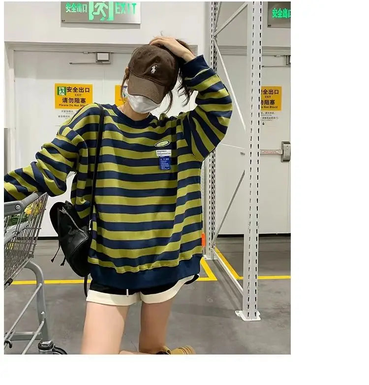 Original Korean New Style Loose Striped Sweatshirt American Harajuku C