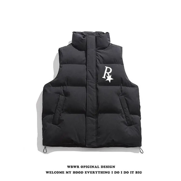 2024 Winter Korean Printed Stand Collar Vest Cotton Jacket New Ins American Street Casual Personality