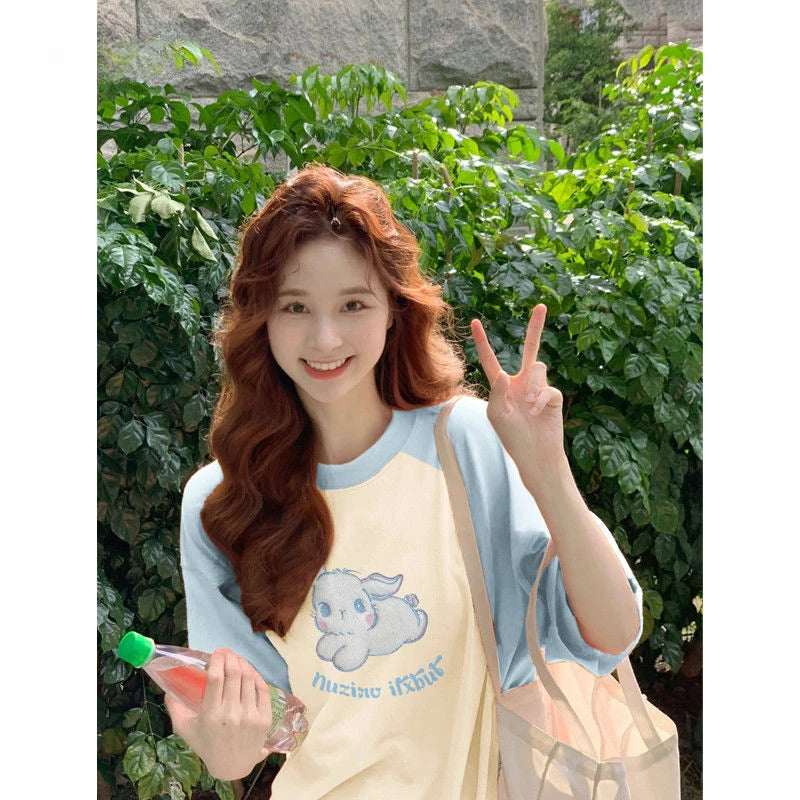 Skatercore Oversized shirt – American Flocking Cute Rabbit Pattern Short Sleeved T Shirt
