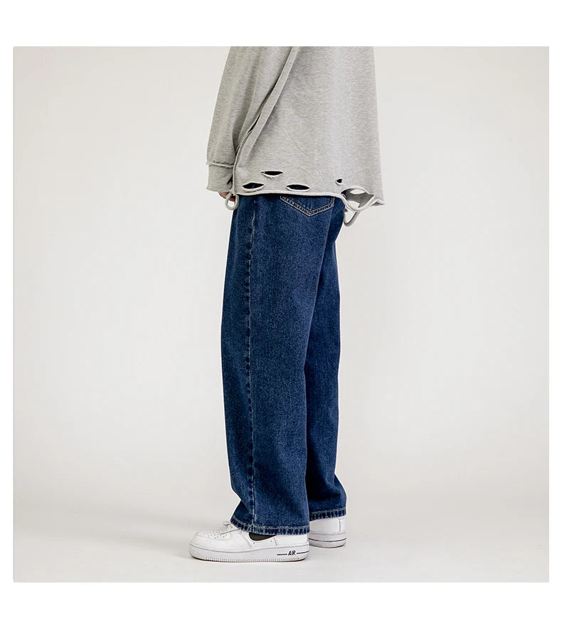 korean fashion mens baggy jeans classic all match solid color straight leg denim wide leg pants male light blue grey black unique jeans style 1143