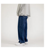 korean fashion mens baggy jeans classic all match solid color straight leg denim wide leg pants male light blue grey black unique jeans style 1143