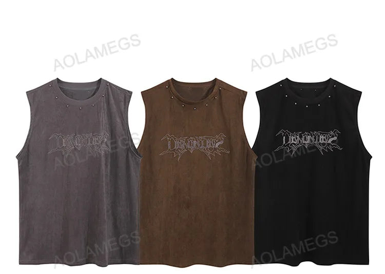 Glitchcore Broken heart – Vintage Mens Y2K Vest Letter Washed Tank Tops Summer High St
