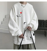 Ink Painting Cartoon Crane Printed Pullover Hoodies For Men 2024 New H