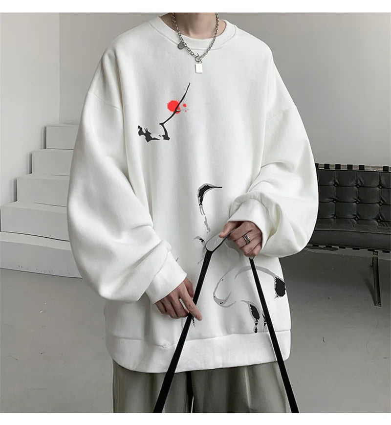 Ink Painting Cartoon Crane Printed Pullover Hoodies For Men 2024 New H