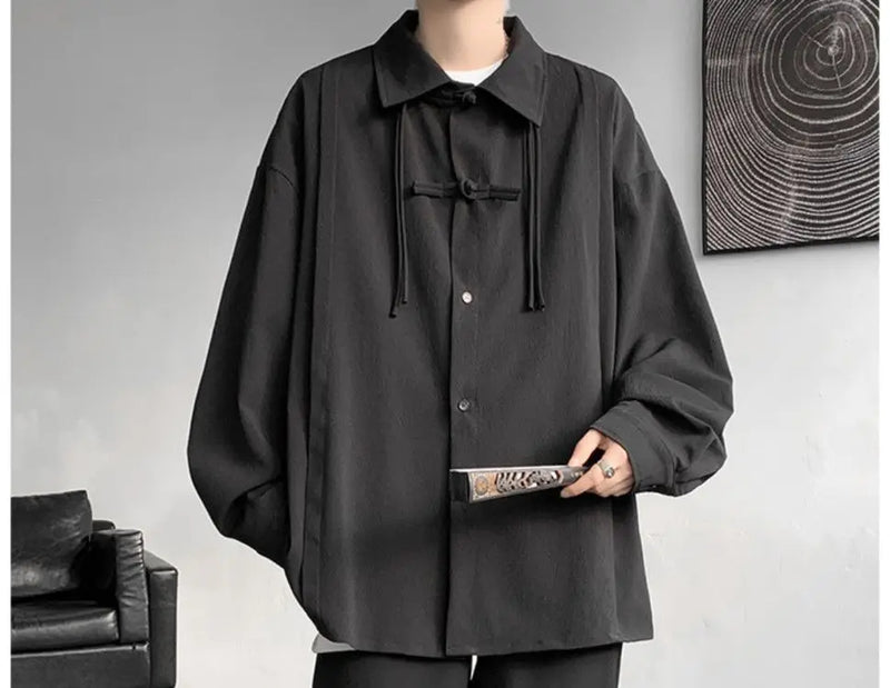Shirts for men spring and autumn style national fashion design loose and versatile large size outer wear lapel long sleeved tops