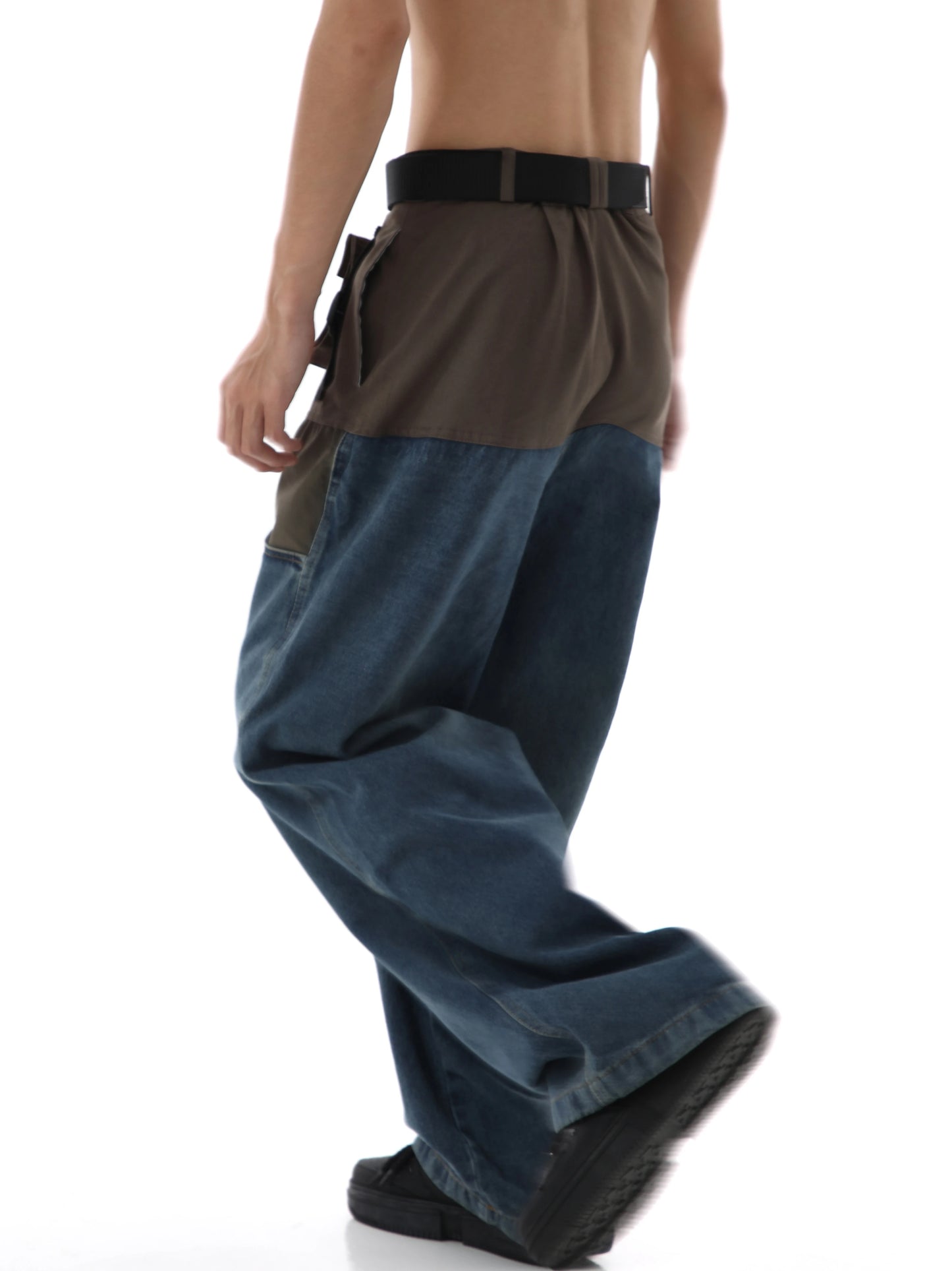 high street cargo pocket patchwork denim jeans pants unisex fashion loose wide leg straight functional tactics pants joggers men unique joggers style 1754
