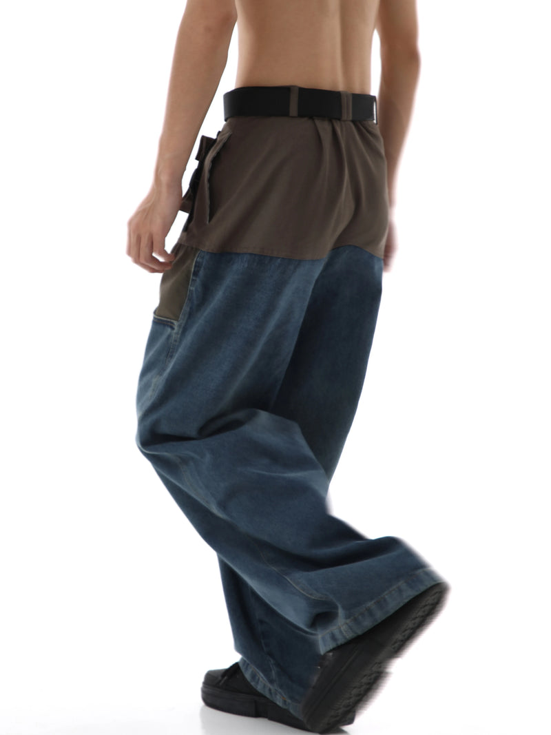 high street cargo pocket patchwork denim jeans pants unisex fashion loose wide leg straight functional tactics pants joggers men unique joggers style 1754