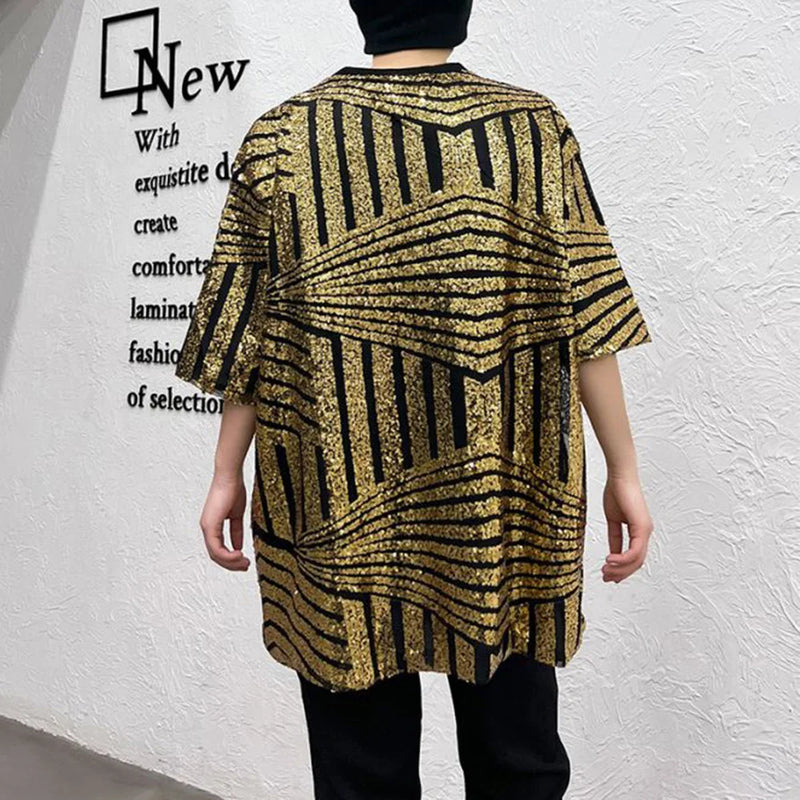 Y2k Anime panel – Mens T Shirt Gold Sequin Performance Costumes Fashion Street