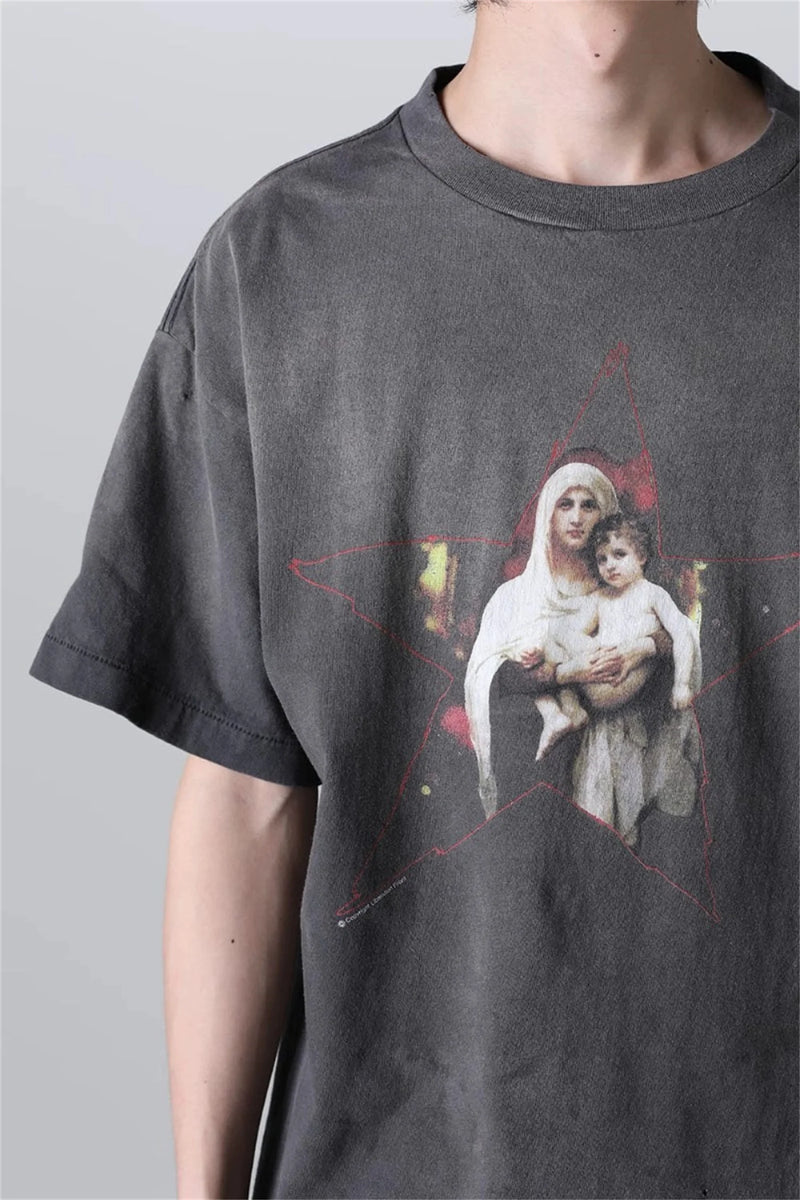 90s Summer Vintage Style Pentagram printed washed vintage Retro Quality short sleeved T-shirt Tops For Men