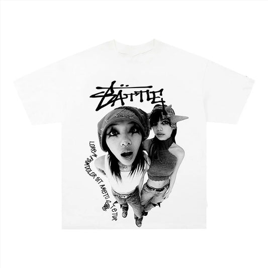anime vapor glitch shirt with outlined characters and haze