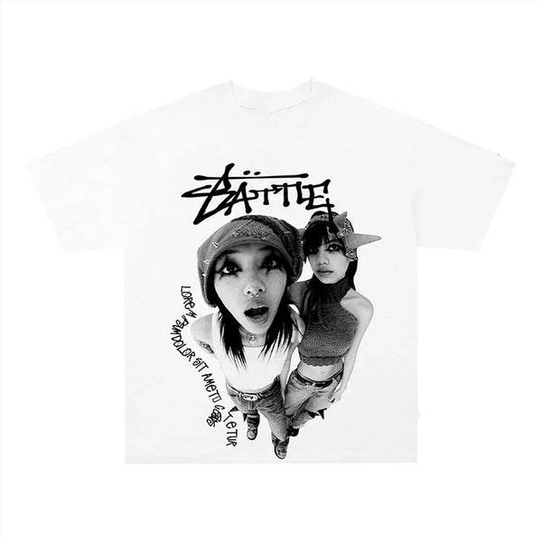 anime vapor glitch shirt with outlined characters and haze