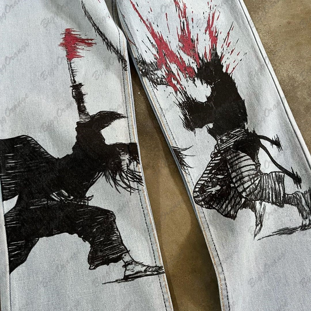 y2k medieval samurai print jeans vintage high street hip hop loose wide leg mens and womens trousers baggy jeans women ripped baggy denim